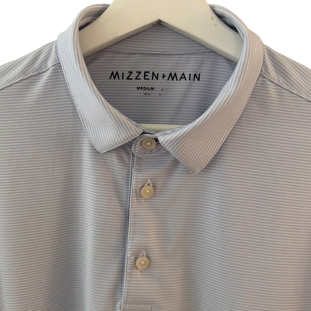 Mizzen + Main Mens Medium Blue White Micro Stripe Performance Golf Polo Shirt